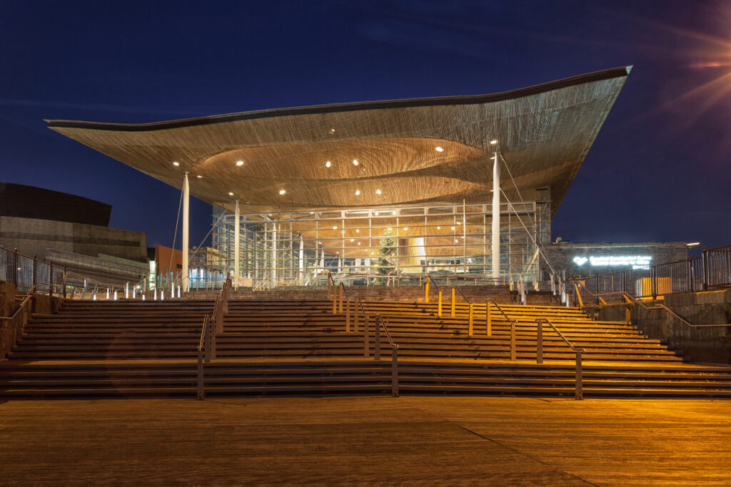Cardiff, Wales, GB - December 4, 2016: The Senedd, also known as the National Assembly building, was opened by Queen Elizabeth II on 1 March 2006 in Cardiff, South Wales and is the location of the Welsh Parliament.