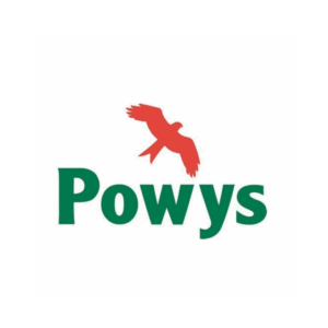Powys Council logo, with the word Powys in green and a silhouette of a red kite bird in flight